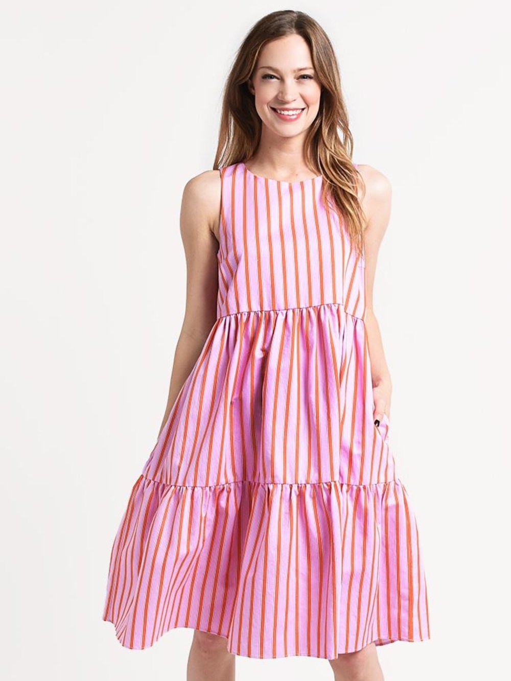 MDS STRIPES Pink Stripe Peasant Dress